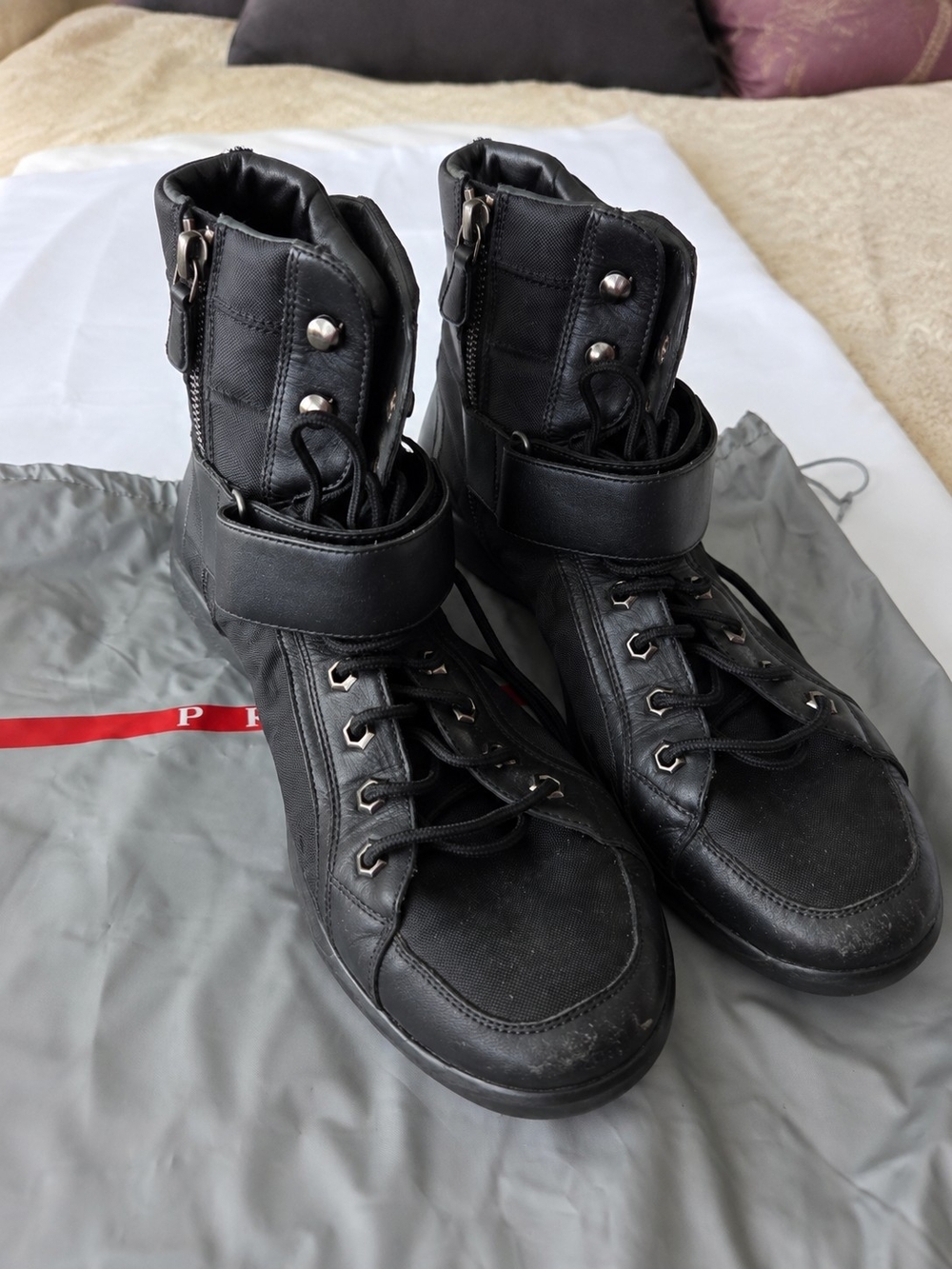 Authentic Prada Sport Black Leather Nylon High Top Sneaker Boots 9.5 Ankle Strap